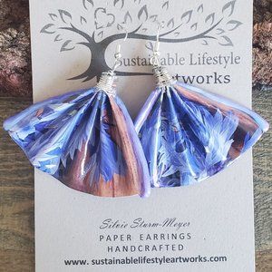Beautiful in Blue Flower Fan Origami Earrings Handcrafted Upcycled